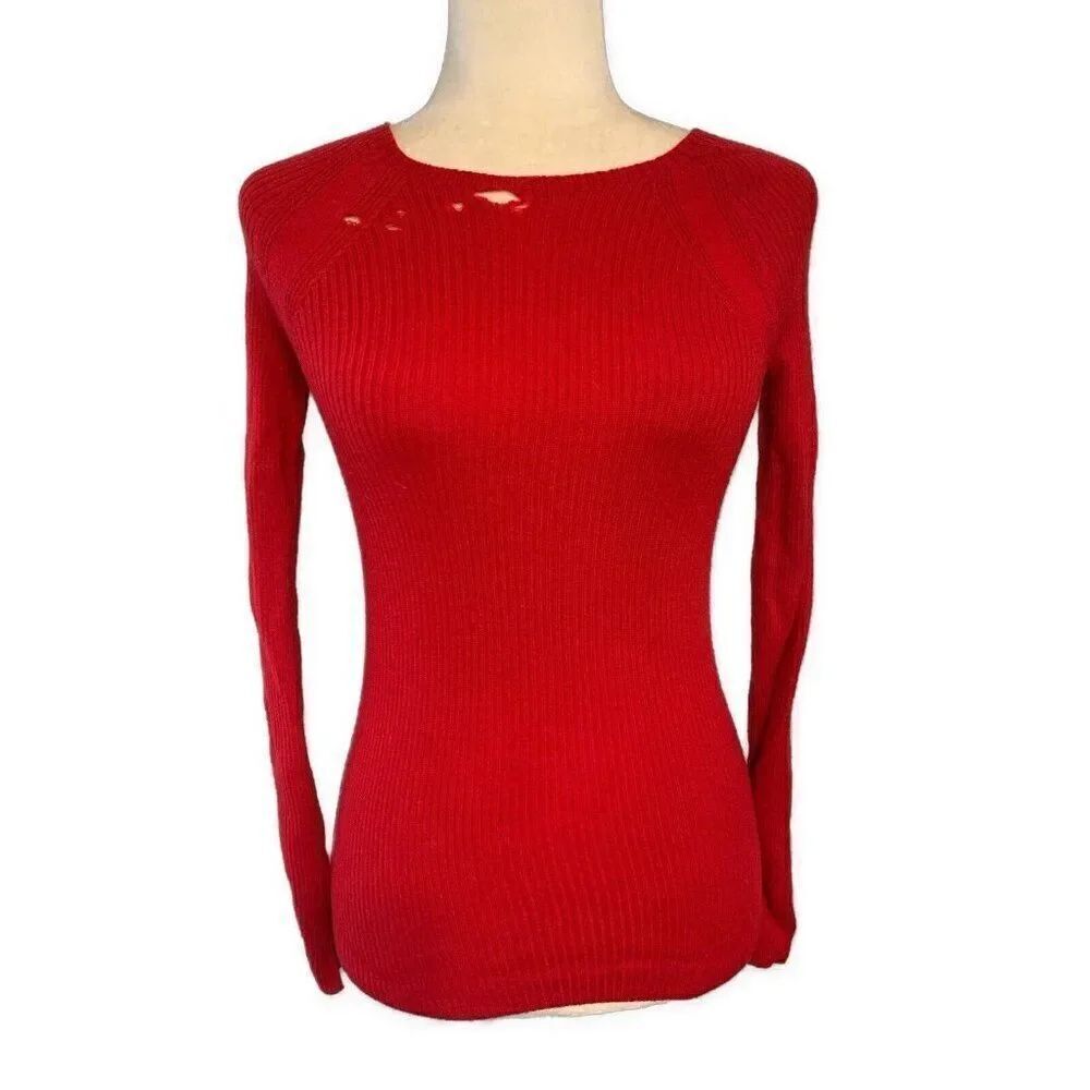 Uniqlo Womens Solid Red Fitted 100% Wool Long Sleeve Crew Neck Sweater Xs